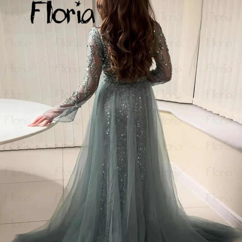 Floria Luxury Sage Green Mermaid Evening Dress with Overskirt Long Sleeves Elegant Dubai Women Wedding Party Gowns Dinner Gowns