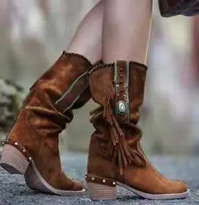 Autumn Bohemian Boots Women Ethnic Tassel Fringe Faux Suede Leather Mid half Boots Woman Square Heel Shoe Booties rtg5