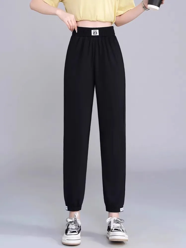 

Quick Dry Sport Pants Women Summer Thin Casual Loose Nine Points Ice Silk Cuffed Trousers Lightweight Breathable High Waist N...