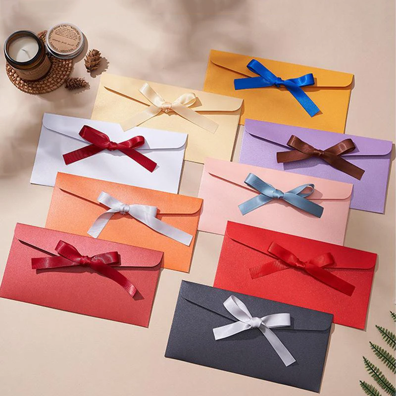 100Pcs Pearl Paper Envelope with Ribbon Bow Colored Gift Packaging Envelope Greeting Cards/Invitations Envelopes 22x11cm