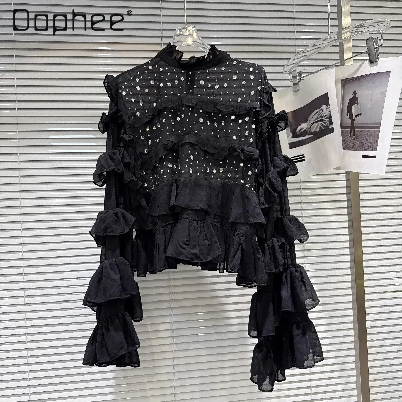 

2026 Spring New French Gentle Hot Drilling Multi-layer Fungus Edge Design Chiffon Shirt Temperament Stand Neck Long Sleeve Shirt