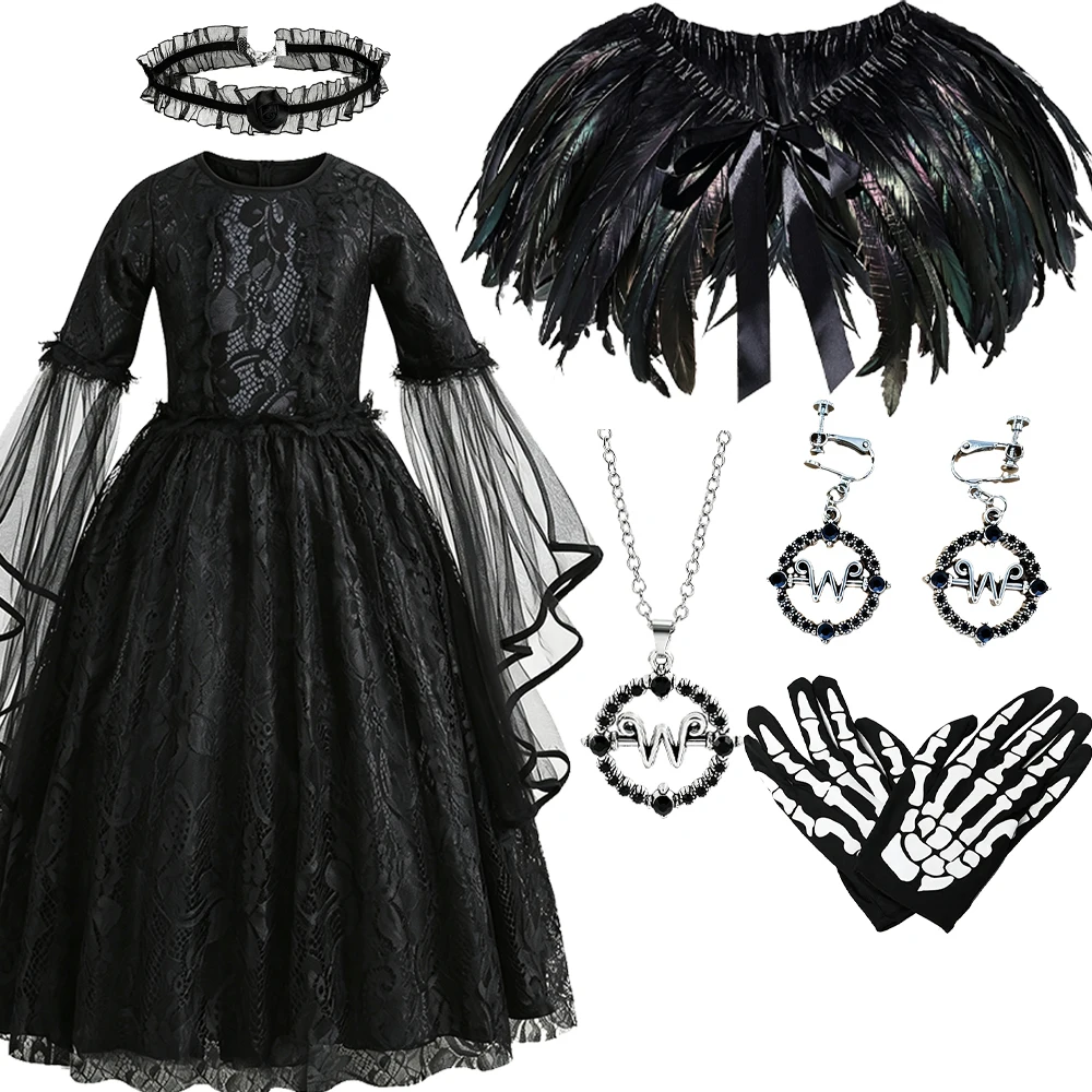Girls Witch Halloween Costume Set with Black Lace Dress, Witch Hat & Broom Kids Spooky Party Dress Up Outfit Gothic Fancy Dress