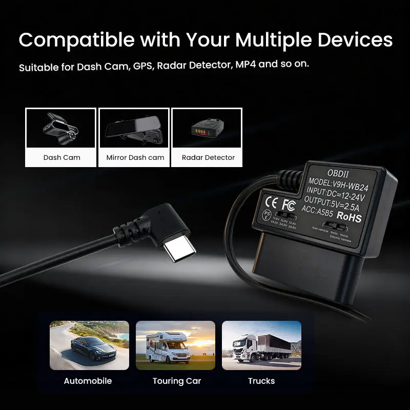 OBD Car Charger for Mirror DVR Wifi Gps Dashcam 12-24v with Type c Fit Park Monitor Motion Detection Lower Voltage protection