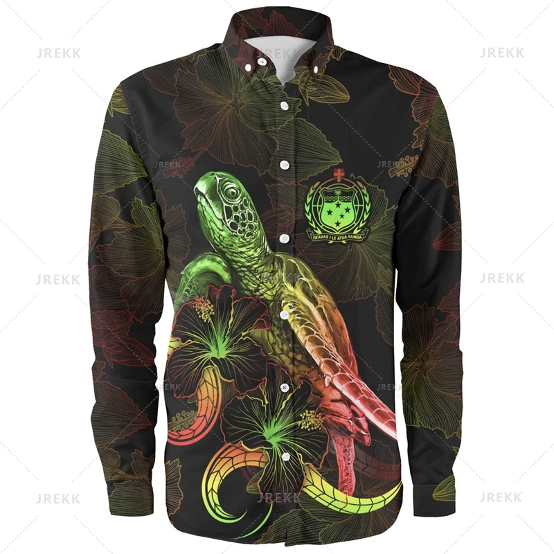 Small Size Vintage 3D American Samoa Emblem Print Long Sleeve Shirts Men Samoa Ethnic Patterns Graphic Lapel Blouse Women Shirt