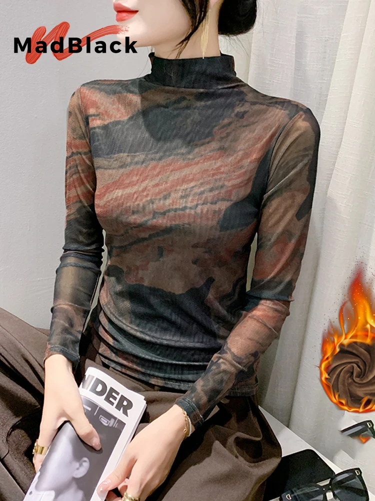 

MadBlack-Женская флисовая футболка в европейском стиле, сексуальная водолазка с принтом, винтажная тонкая сетчатая футболка с длинными рукавами S-3XL, новинка осени 2021, T5N471CC
