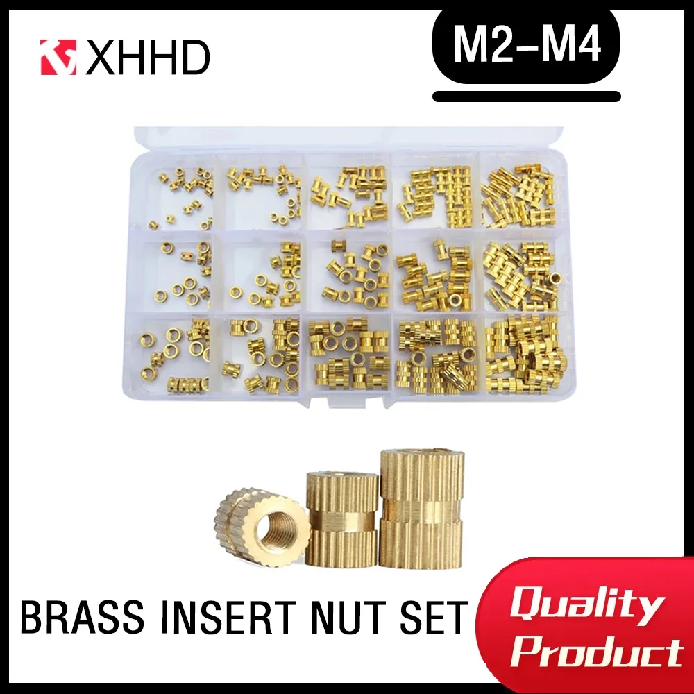 250PCS Sert Double Pass Copper Knurl Nut Brass Insert Thread Metal Lock Nuts  Embedded Fastener Assortment Kit Set Box M2 M3 M4