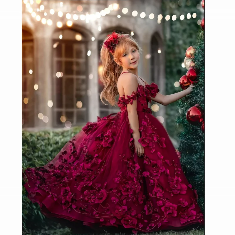 Flower Girl Dresses Tulle Pageant Child Christmas Gowns Luxury Burgundy Long Flowers Pearls Birthday Off Shoulder Party Dress