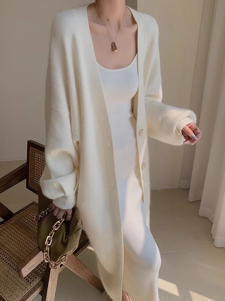 Off White Cardigan Knitted Jacket Women\'S Autumn And Winter New Style Lazy Style Loose Medium Long Sweater