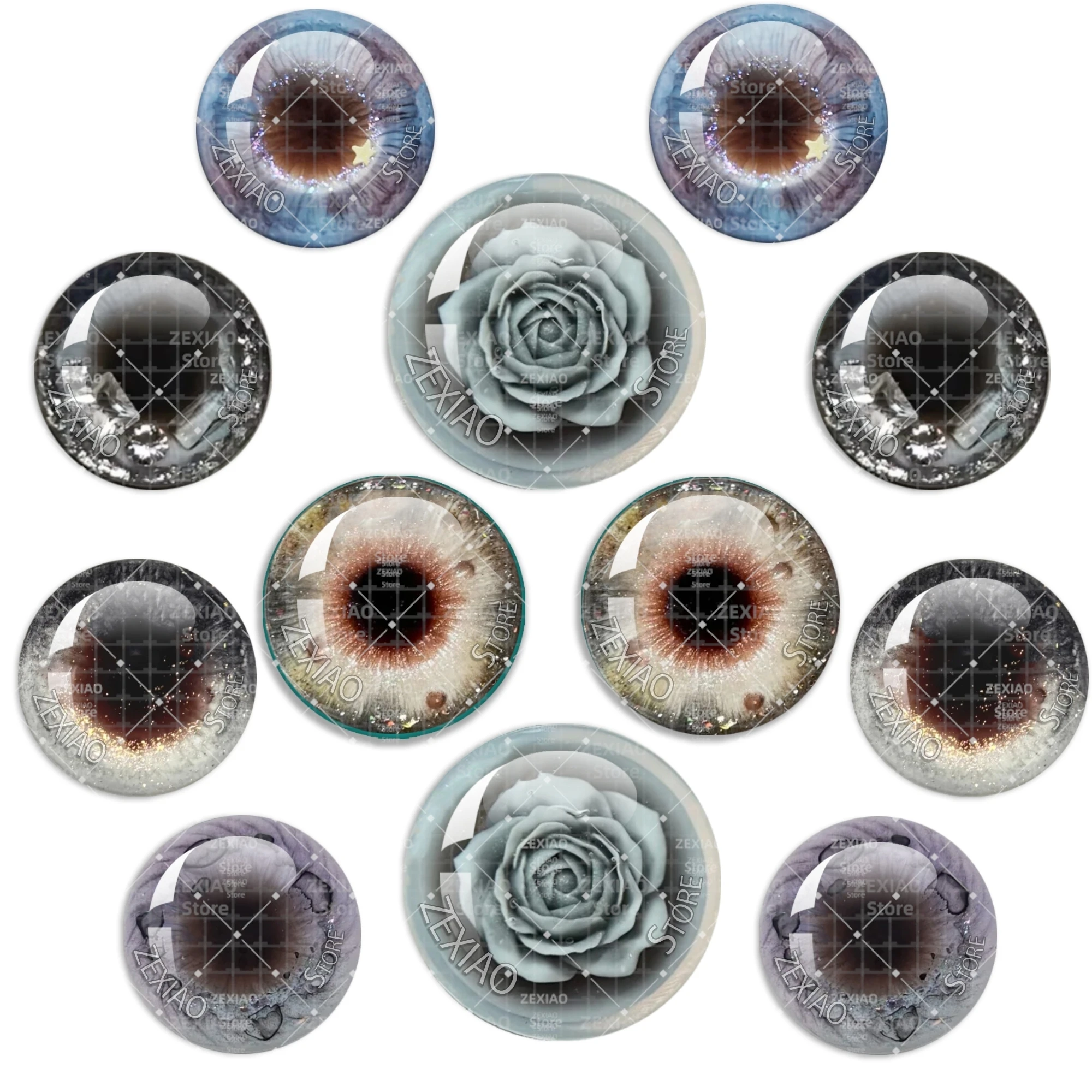 12Pcs Dark Grey Series Rose Patterns Eye Chips Glass Cabochons Eye For Blythe BJD Doll Chip Eyes DIY Toy Accessories Gift MS008