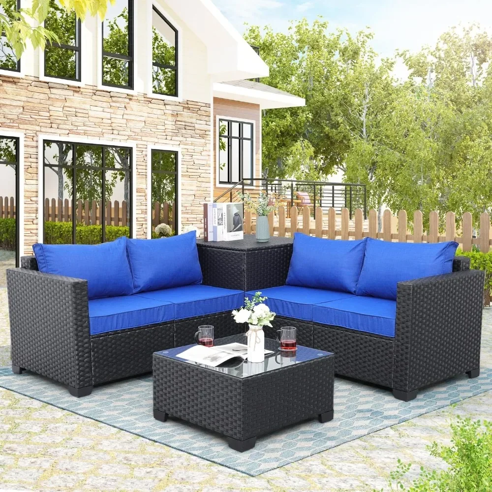 PE Wick Furniture Set 4-piece Set, Terrace Black Vine Segmented Sofa with Storage Box, Glass Countertop and Anti Slip Cushion