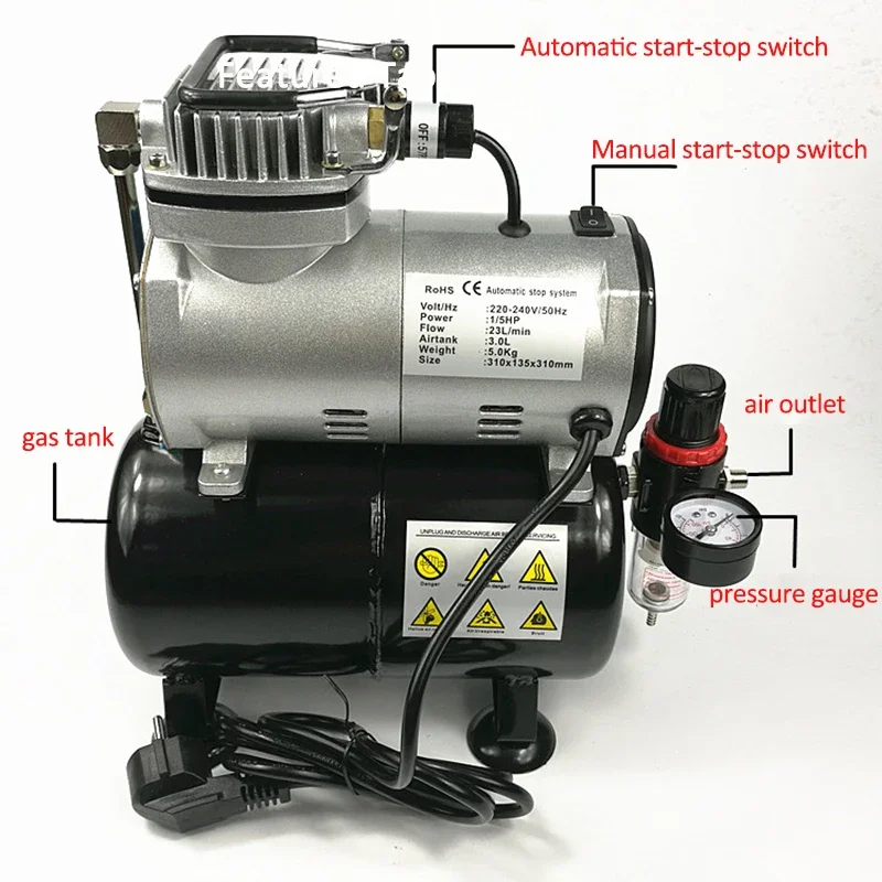 Imagem -02 - Compressor de ar Pequeno Móveis Silenciosos Reparação de Couro Modelo de Manicure Aerógrafo de Colorir Bomba de ar Tc20t