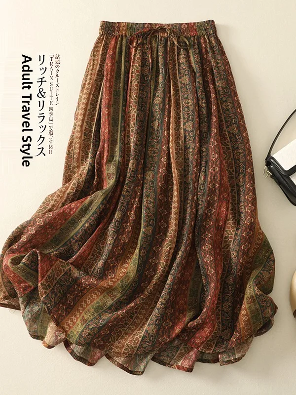 Falda Midi de Lino con Estampado Retro, Estilo Casual Versátil, Doble Capa, Talla ande, Cintura Alta, Corte en A, para Mujer