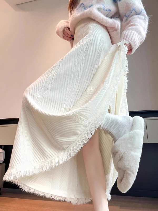 

High Waist Knitted f Skirt Women's Autumn Winter Slimming Midi A-Line Straight Rice Noodle Skirt Sweet Sle Polyester Fiber