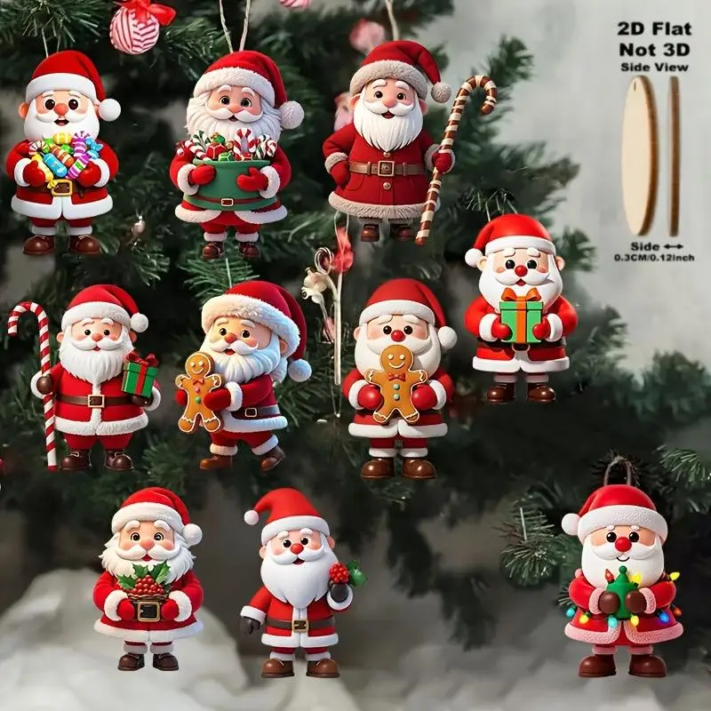 10-teiliges Set 2D Flache Holzanhänger - Weihnachtsthema Lebkuchenmänner & Weihnachtsmann für Weihnachtsbaumdekoration & Geschenkdekoration