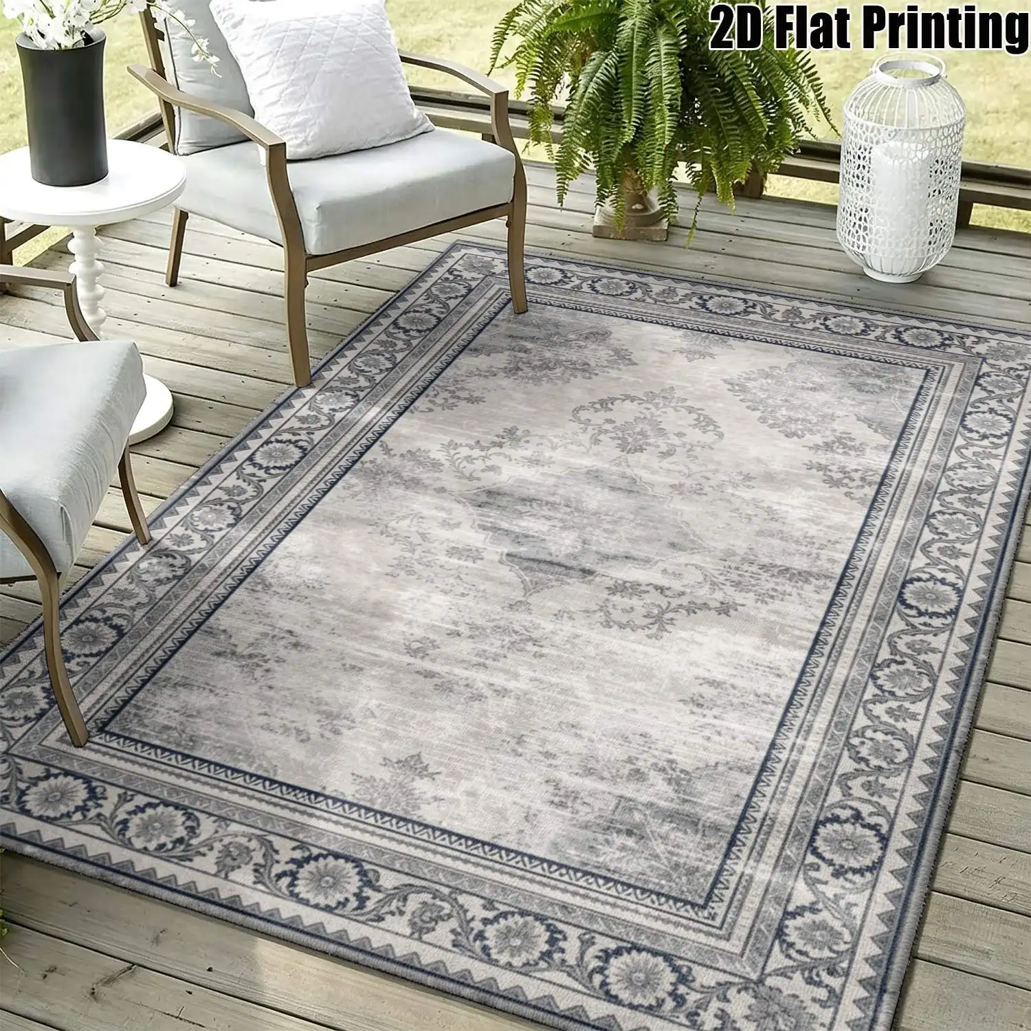 1Pc 2D Printed Gray Retro European Carpet, Multi-Size, Machine Washable, for Home Decor & Multi-Scene Use
