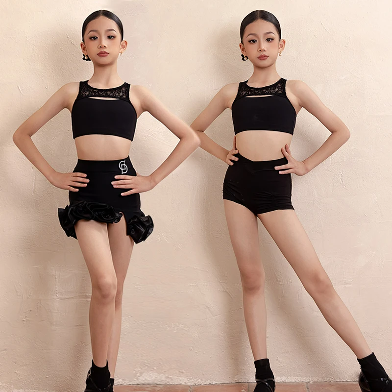 

Новая тренировочная одежда для латинских танцев для девочек, летняя черная майка с юбкой, комплект детской одежды для латинских танцев, шорты для тренировок и танцев VBH1877