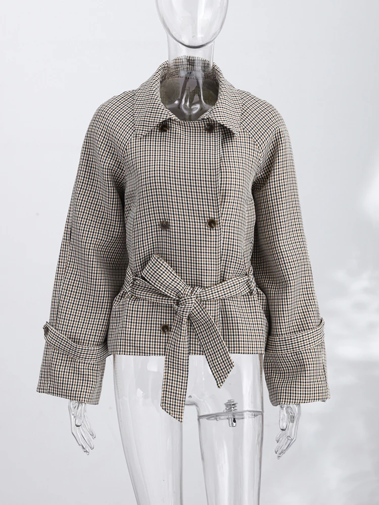Plaid Windbreaker Grid Jacket Lapel Collar Double Breasted Trench Woman Coat Waist Tie Belt Long Sleeve Short Top Casual Clothes