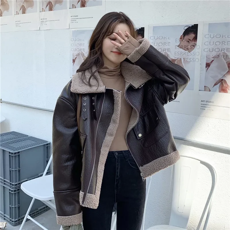 Autumn Winter Women PU Jacket Fur Liner Patchwork Handsome Locomotive Leather Coat Loose Jacket Female Manteau Femme 2023 New