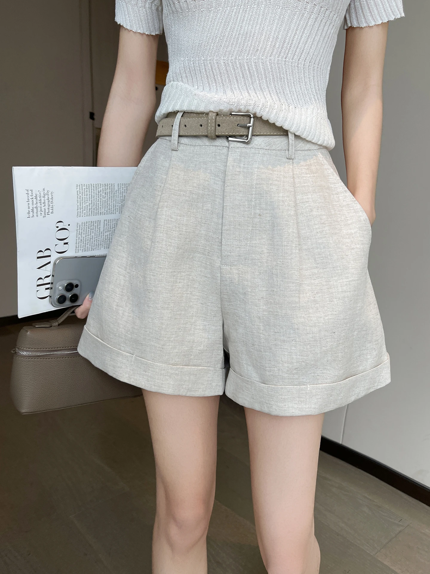 

Женские летние повседневные брюки из хлопка и льна с высокой талией, свободного кроя, с отворотами, прямые шорты, модные, с высокой талией