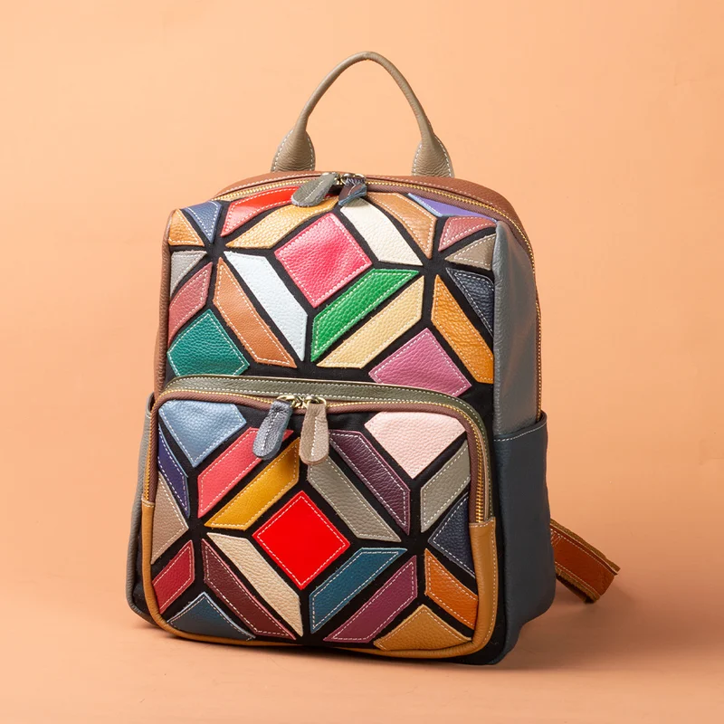 Women Genuine Leather Backpack Colorful Geometric Patchwork Design Large Capacity Casual Daypack For Travel School Work