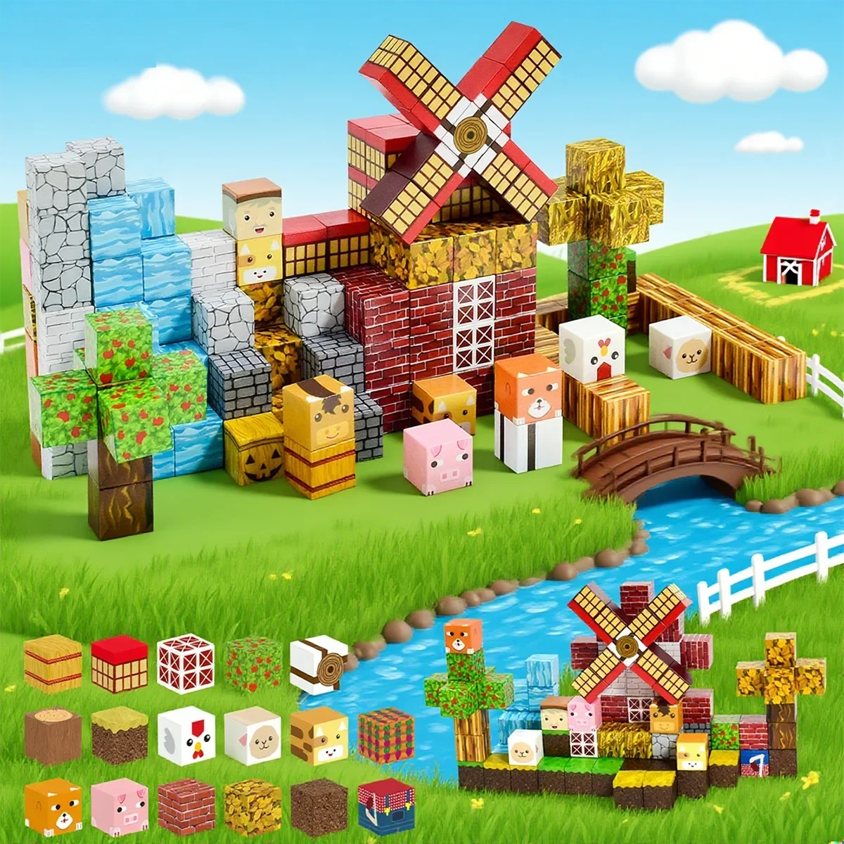 100PCS Windmill Farm Magnetic Building Blocks, STEM Sensory Toy for Kids Ages 3+, Magnetic Construction Playset, Develop Fine Motor Skills & Creativity, Great for Classroom & Family Play Activity, Christmas Birthday Gift, Stocking Stuffer for Boys Girls