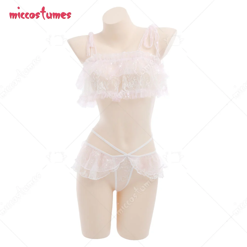 Women See-Through Sling Stars Ruffle Two-Piece Bikini Set Lingerie Sleepwear Cosplay Costume Outfit with Blindfold and Stockings