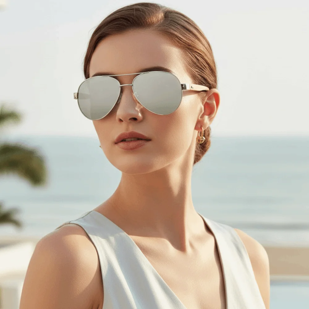 Bamboo Wood Temple Double Bridge Shades Metal Front Frame Mirrored Lens Big Frame Sunglasses Mosaic Color Legs