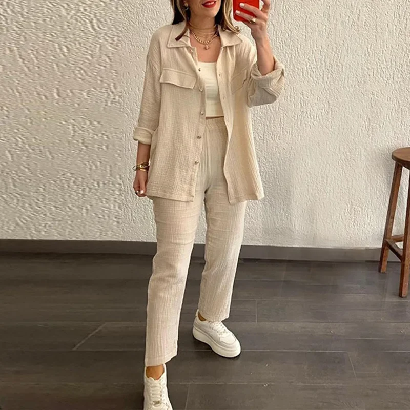 Women's New Autumn Fashion Double Layer Crepe Loose Polo Collar Long Sleeve Top Straight Sleeve Pants Casual Commuter Set