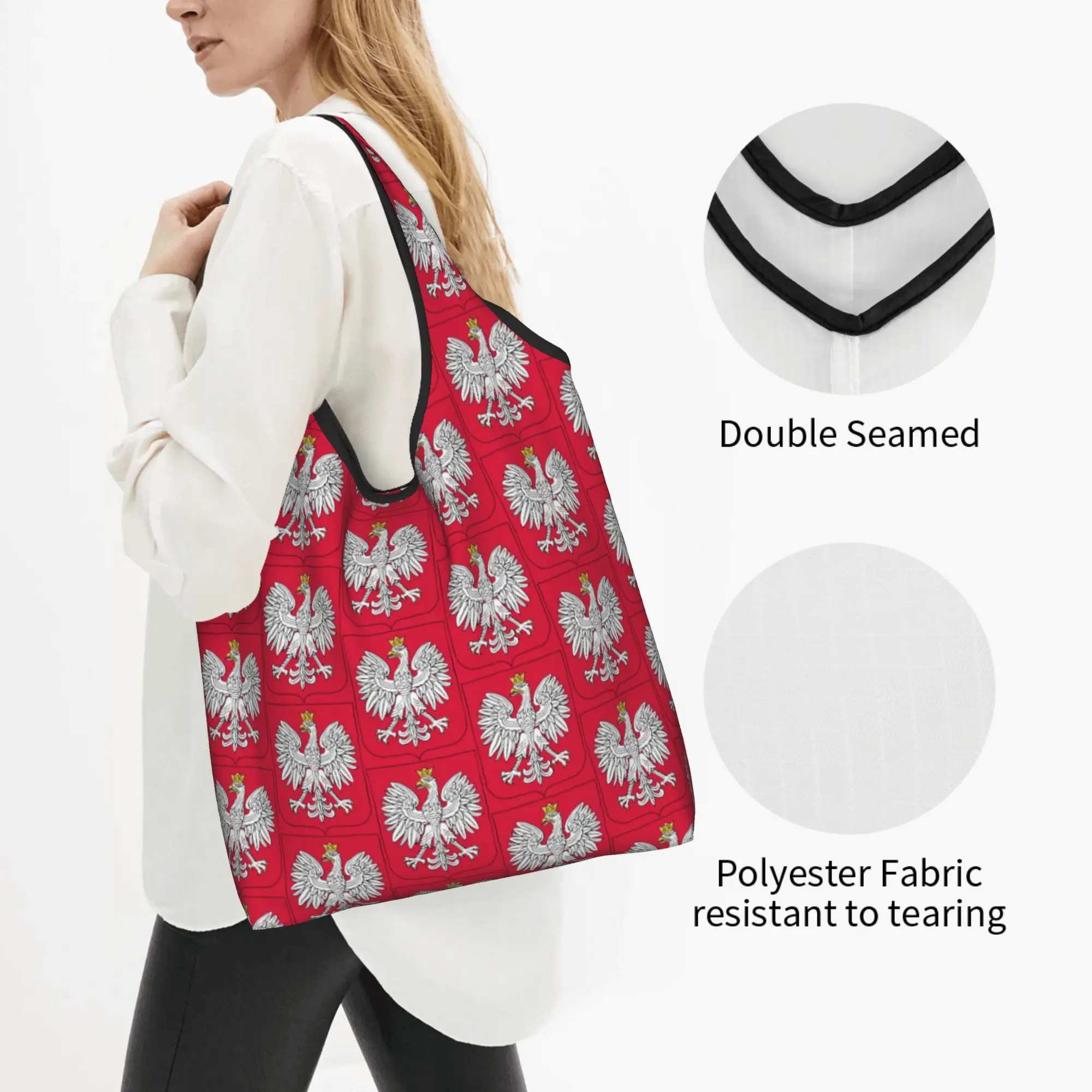 Recycling Kingdom Of Poland Flag Shopping Bag Women Tote Bag Portable Polska Coat Of Arms Groceries Shopper Bags