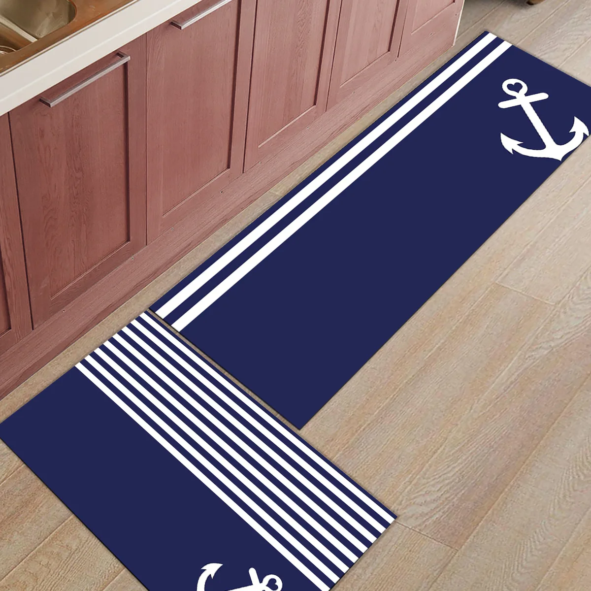 Dark Blue Stripes Anchor Carpet Kitchen Floor Mat Home Entrance Doormat Anti-slip Bathroom Area Rug Home Floor Decoration 1PC