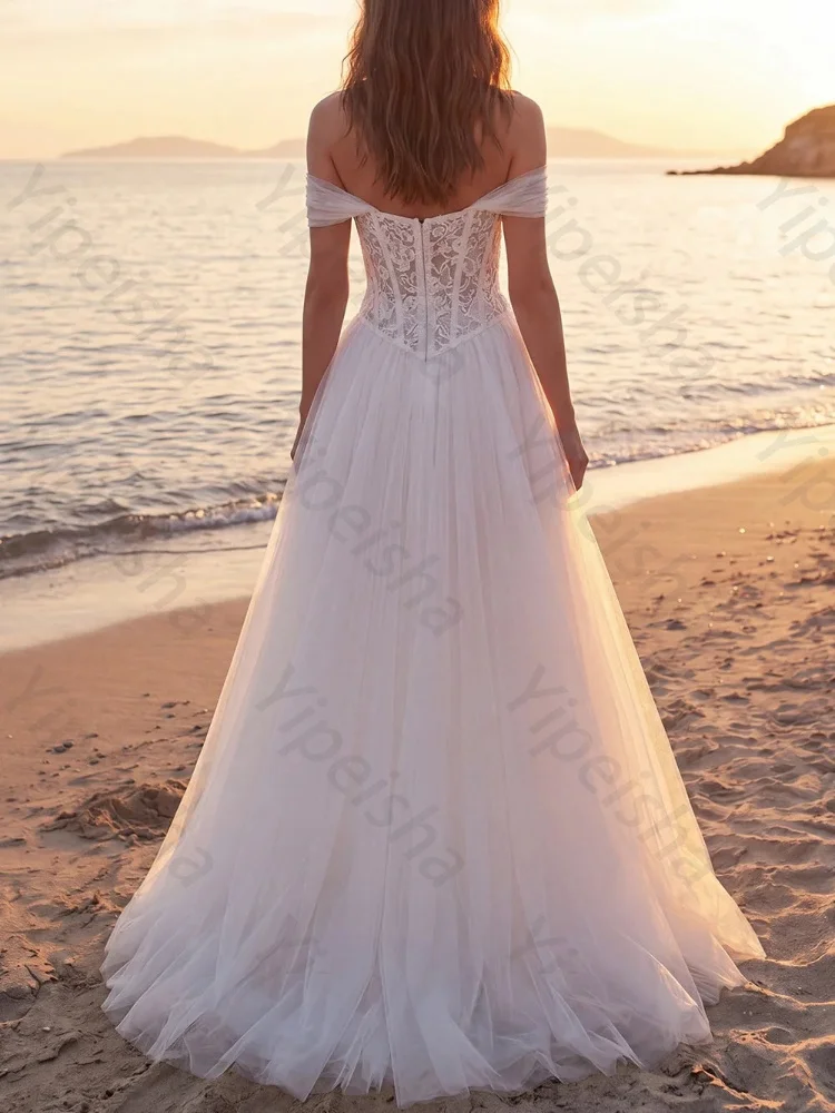 Customized Ivory A-Line Off Shoulder Short Sleeves Tulle Wedding Dresses Backless Evening Dress High Quality Prom Party Gowns