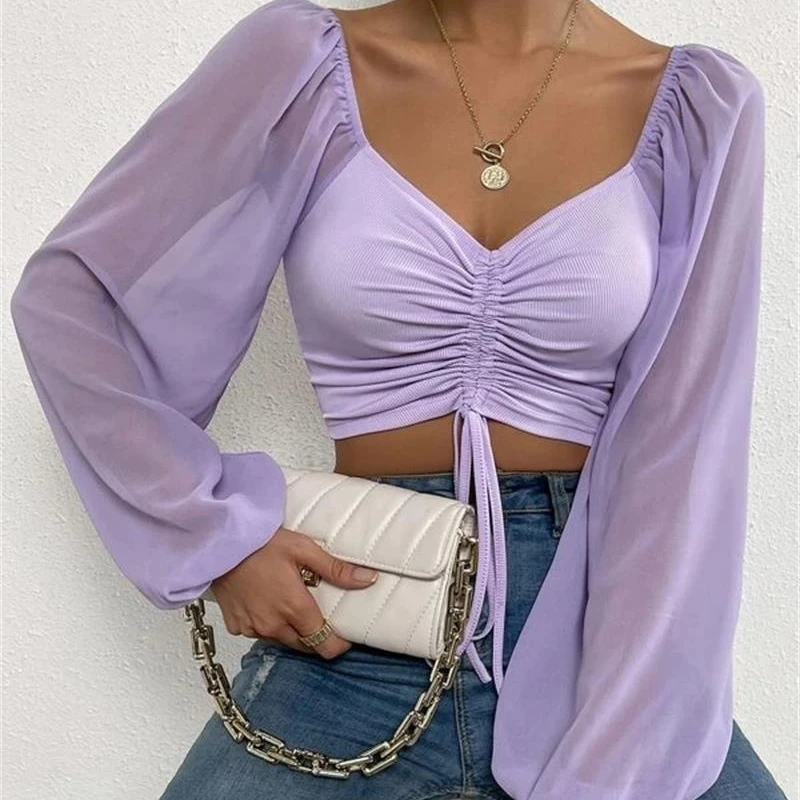 Sexy Mesh Laterne Ärmeln Kordelzug Wrap Brust Bauchfrei T Shirt Frauen Lange Ärmel Bodenbildung Shirt Damen T Shirt Tops