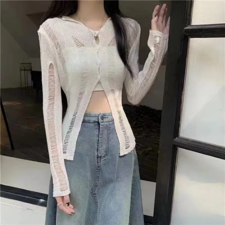 Elegant Vintage Hole Hollow Out Cardigans Y2k E-Girl Slim Fit Knitted Tops Women 2024 New Sleeve Sun Protection Coat Sweater