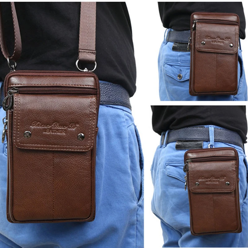 New Men Small Shoulder Fanny Messenger Bags Purse Hook Vertical Casual Fashion Cross Body Genuine Leather Waist Belt Pack Bag
