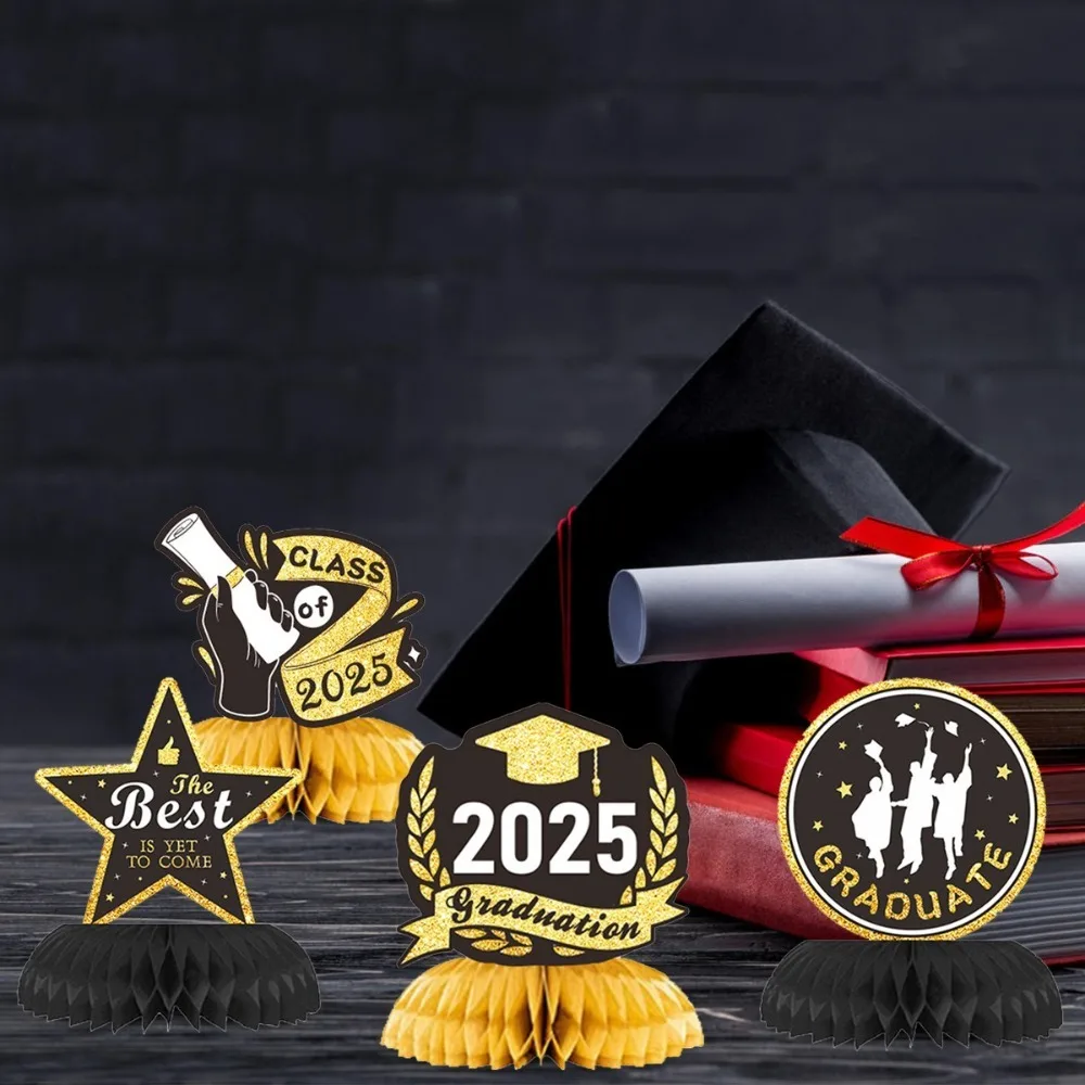 

Congrats Grad 2025 Graduation Ornament Celebrate Black Gold Blue Graduation Honeycomb Ornament Festival Paper GRAD Theme Decor