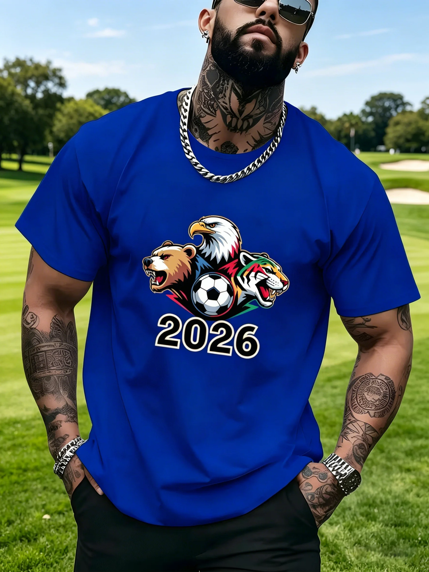 2026 Football Animal Print T-shirt for Men, Eagle Bear Tiger Graphic, Casual Streetwear, Soccer Fan Short Sleeve Top
