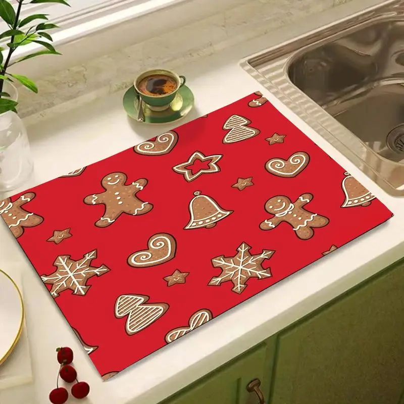 VIKAMA Christmas Gingerbread Cookie Draining Mat Gingerbread Man Print Absorbent Non Slip Coffee Maker Mat Kitchen Home Decor