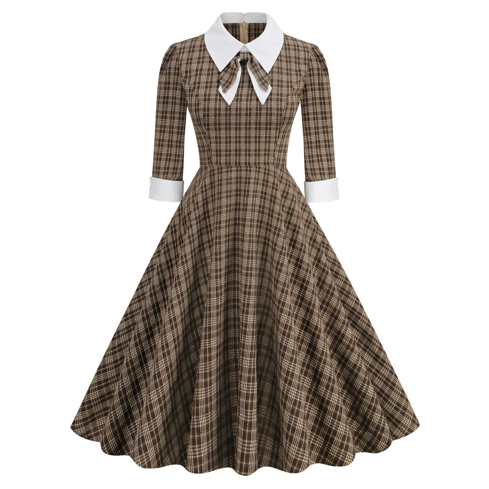 Autumn Winter Plaid Print Retro Vintage A Line Party Dress 3/4 Long Sleeve Elegant 40s 50s 60s Pinup Rockabilly Dresses With Bow