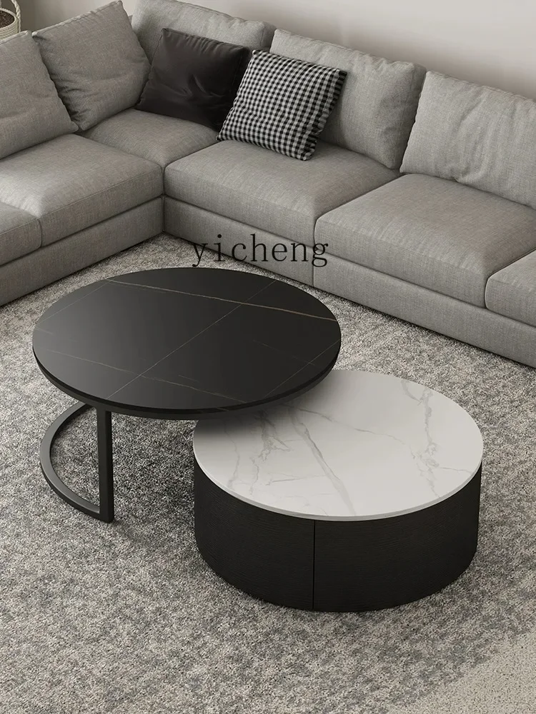 Minimalist Stone Plate Coffee Table Retractable round Living Room Home Black Small Apartment TV Cabinet Unit