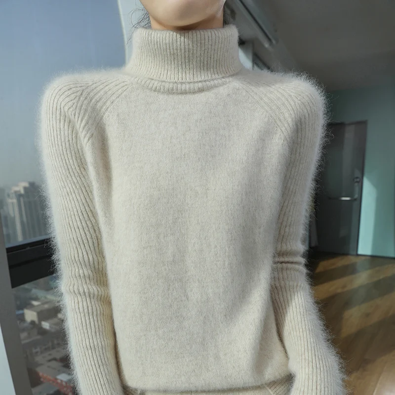 Turtleneck 100% Mink Cashmere Knit Sweater Women Winter Outwear Loose Solid Long Sleeve Pullover Fashion Ladies Casual Warm Tops