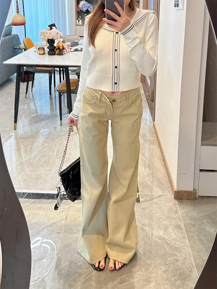 Khaki Color Slim Fit Denim Jeans Women's Autumn Winter Thiened American Sle Micro Flared Pants Simple Design Low Waist St...