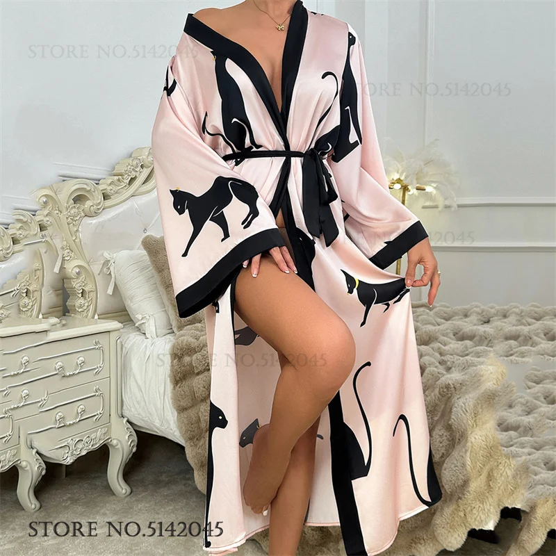 Women Silk Satin Long Robe Loungewear Print Cartoon Leopard Cat Kimono Bathrobe Gown Loose Casual Sleepwear Home Dress Nightgown image 4