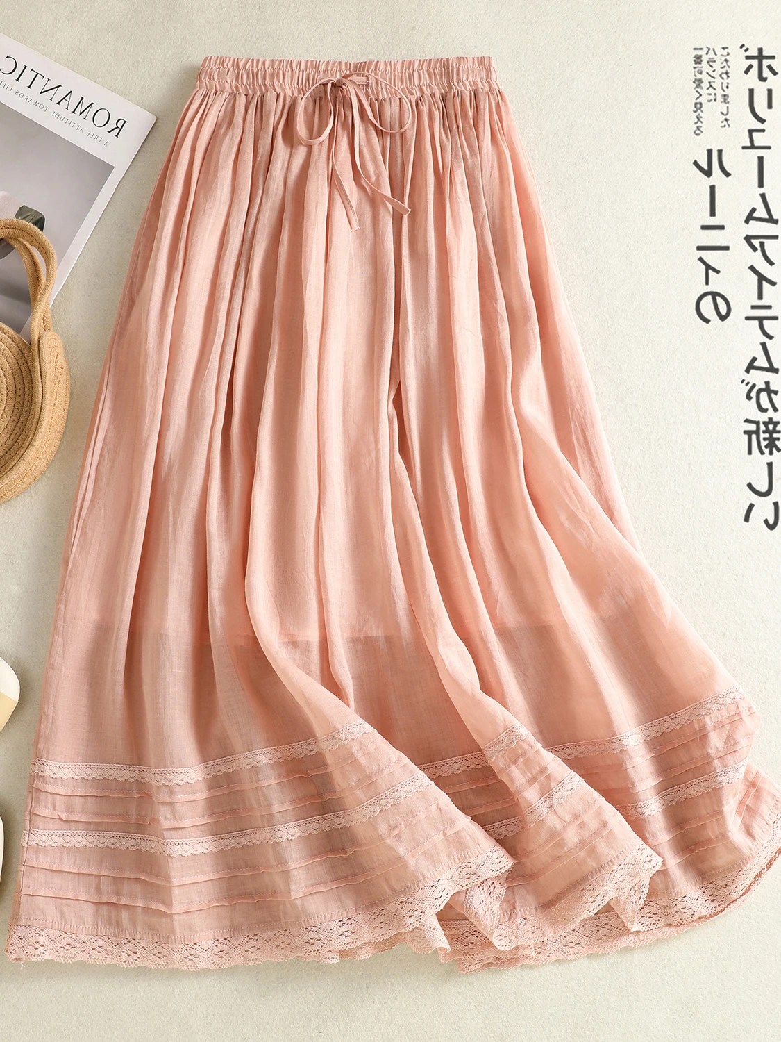 

Художественная хлопково-льняная юбка трапециевидной формы с высокой талией и завязками, свободная посадка, летняя повседневная однотонная юбка средней длины