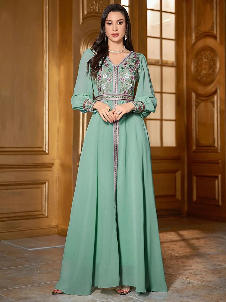 TOLEEN-Damen-Kleid im marokkanischen Stil mit Blumenstickerei, Patchwork-Jacquard-Gürtel, luxuriöser, eleganter Kaftan, Jalabiya Eid-Kleider, 2024