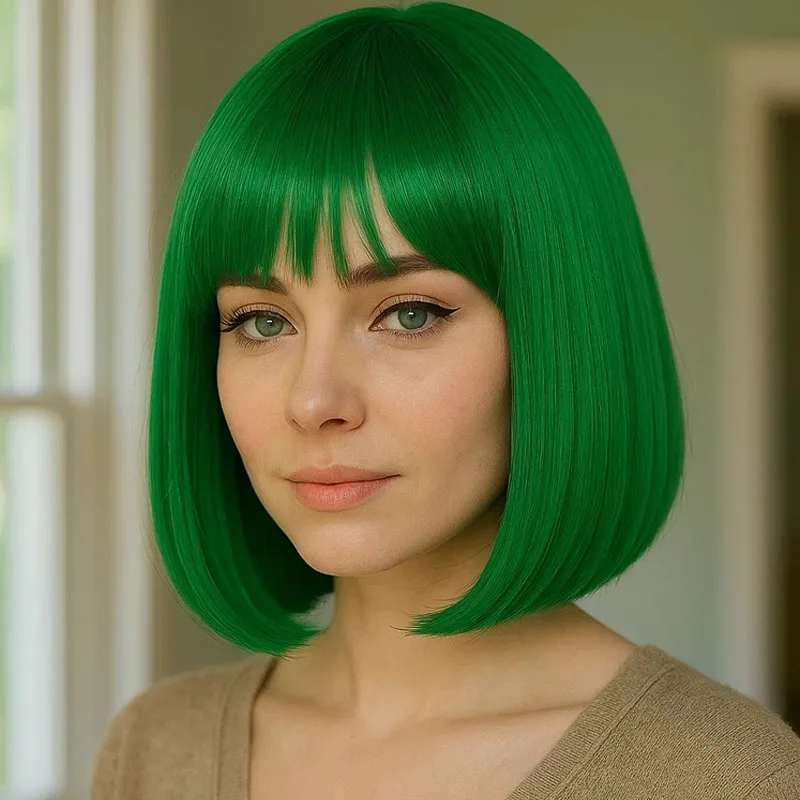 

12-дюймовый зеленый синтетический парик с челкой, подходящий для женских повседневных ролевых вечеринок.