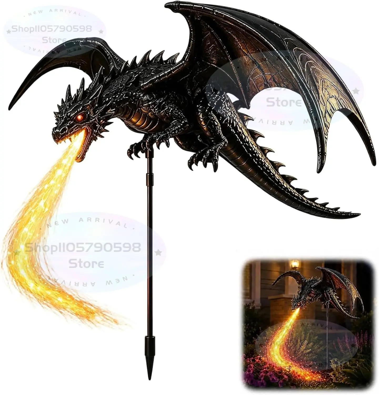 Solar Dragon Fire Garden Light, Dragon Garden Stake Outdoor Decor,Fire Breathing Dragon Solar Light with Glowing Fiber Flames