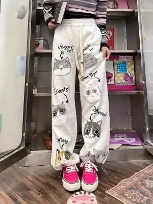 IMU European Loose Fitting Casual Pants Trend, Fashionable And Fun Cartoon Dog And Cat Graffiti Pattern, Plush Leggings