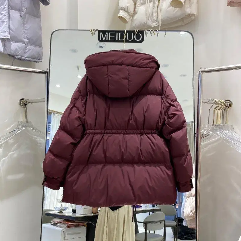 冬の新作レディースダウンジャケット、ゆったりとしたフード付き、レースアップ、ホワイトダックダウンジャケット