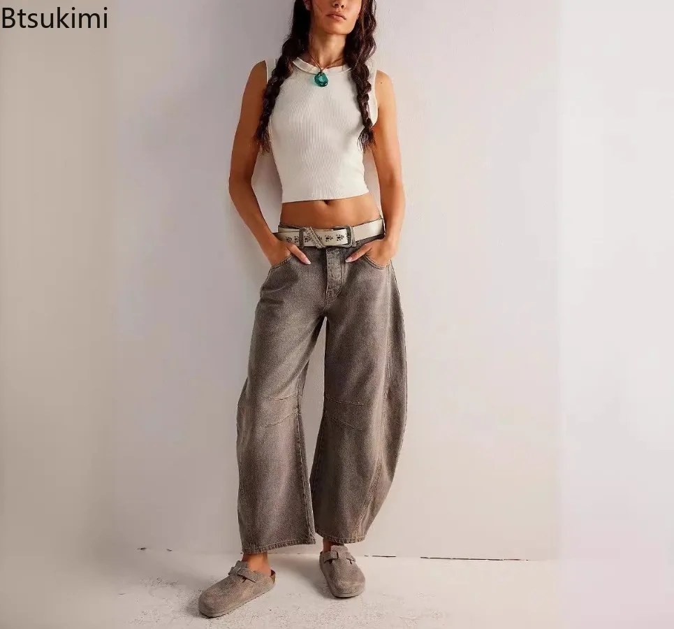جينز نسائي عتيق موديل 2025 موضة جديدة تصميم ربط الركبة سراويل مستقيمة للسيدات سراويل فضفاضة غير رسمية متوسطة الخصر