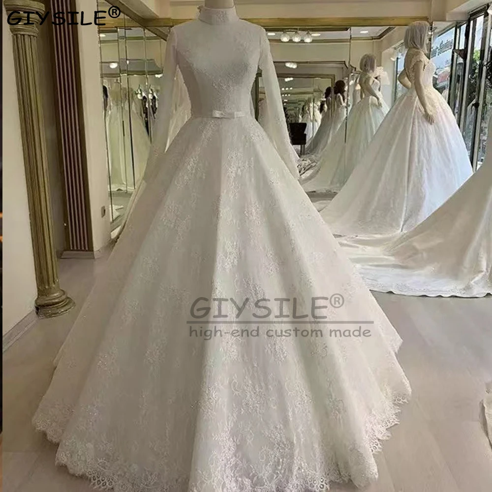 

GIYSILE Customized Elegant Long Sleeves Lace Muslim Wedding Dresses High Neck A-Line Zipper Back Tulle with Bow Vestido De Noiva